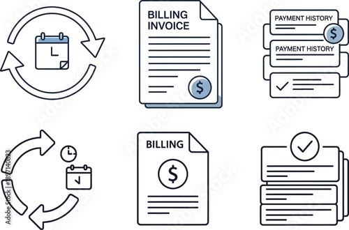 Six black and white line drawings of billing invoice documents isolated on transparent background