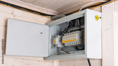 electric panel box with open cover showing circuit breakers and wiring inside