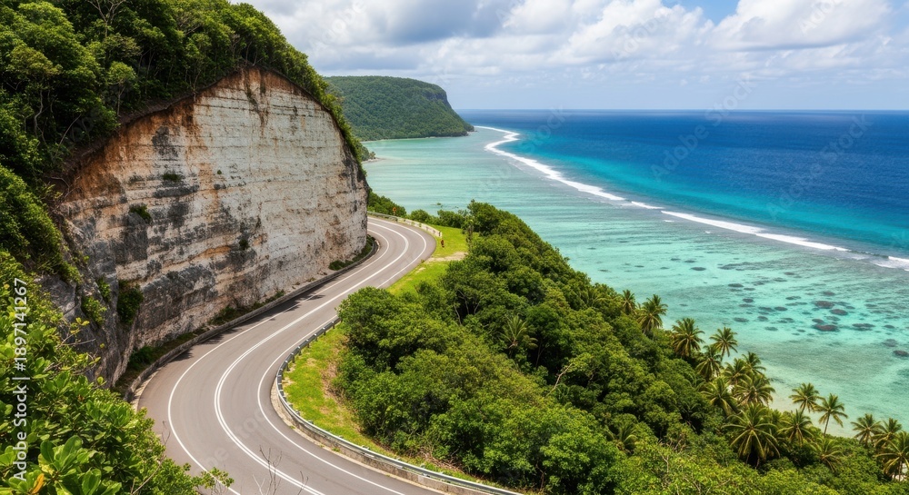 Naklejka premium Winding coastal highway curves alongside a sheer cliff overlooking turquoise tropical waters