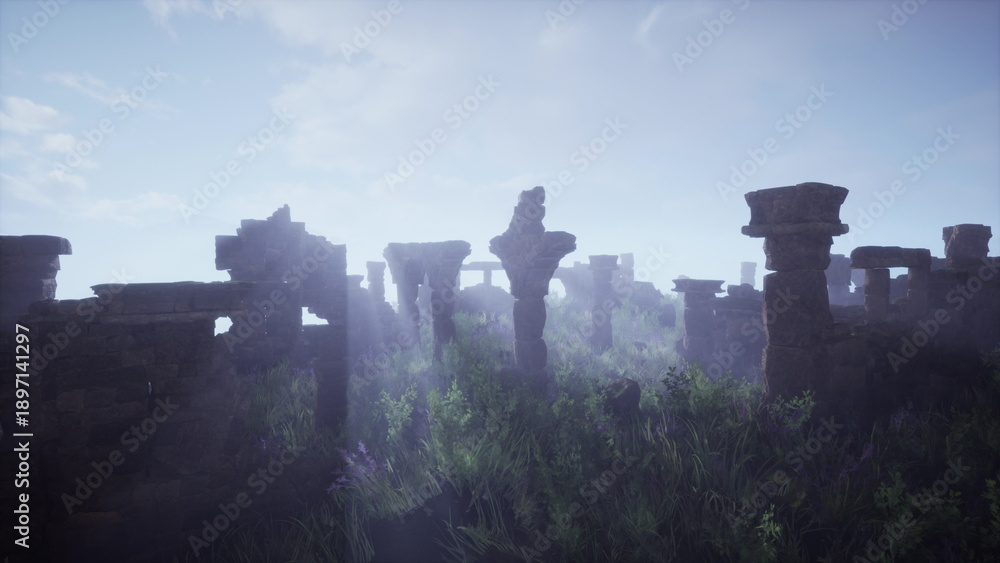 Obraz premium The scene captures mysterious ancient ruins illuminated by gentle morning light. Tall columns and stone structures blend with lush greenery, creating an enchanting atmosphere filled with history.