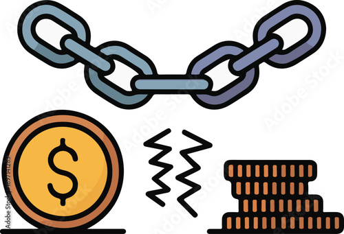 Cartoon illustration of broken chain with coins and money concept