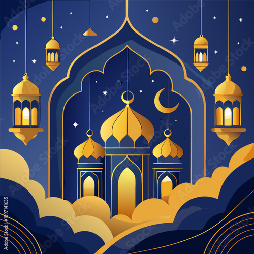 Golden Mosque and Lanterns under a Starry Night for Islamic Celebrations