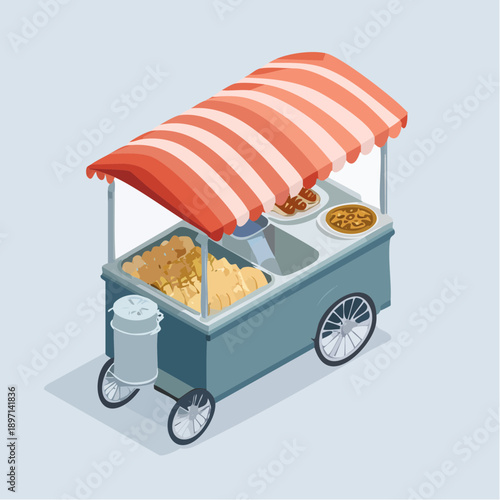 Isometric mobile food stall vector with striped awning featuring grilled sausages and snacks for street festival design