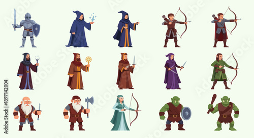 Medieval Fantasy Characters with Various Costumes and Weapons.