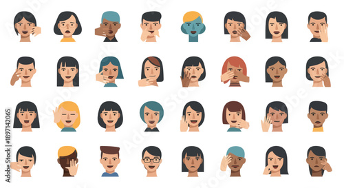 Collection of Cartoon Faces with Hand Gestures.