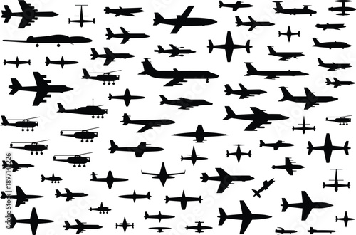 Aircraft silhouette set, airplane, helicopter, drone, military jet, commercial plane, aviation icons, top view, black vector, flight design