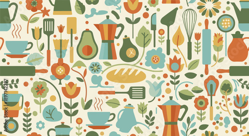 Retro kitchen and cooking pattern with coffee pots, cups, bread, and floral elements, vintage charm