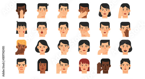 Diverse Cartoon Faces Showing Different Emotions.