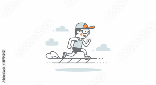 Ilustration of a cheerful boy running outdoors with sunglasses and cap on a bright day engaging in outdoor activity