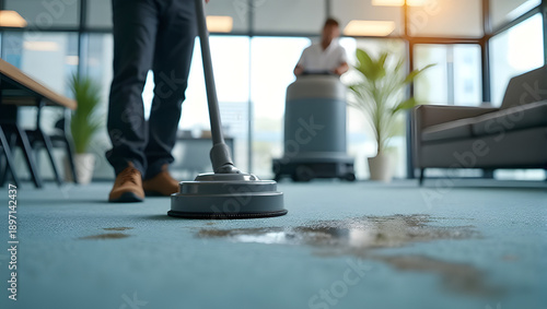 Professional cleaner using industrial floor buffer machine to remove liquid spill from carpet, modern office - commercial cleaning service, cleanliness, hygiene, maintenance, floor care, lifestyle 