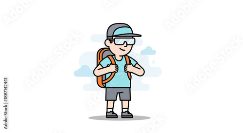 Young boy wearing a cap and sunglasses carrying a backpack outdoors on a sunny day