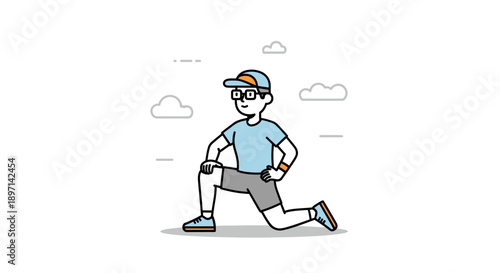 Modern young man in casual attire performing stretching exercise outdoors on a bright day with clouds in the sky