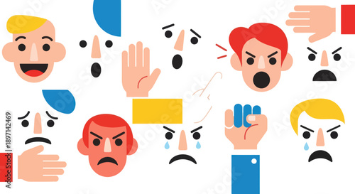 Cartoon Faces Showing Various Emotions and Gestures.