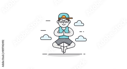Minimalist cartoon illustration of a young person practicing yoga in a relaxed outdoor setting with clouds and casual attire