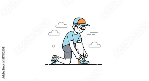 Young boy tying his shoelaces while kneeling outdoors in a playful cartoon style capturing childhood innocence and outdoor