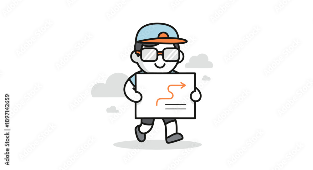 Obraz premium Playful Illustration of a Child Holding a Map with Navigation Arrow and Wearing Casual Accessories