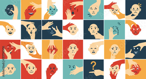 Illustrated Hands and Faces in Various Gestures.