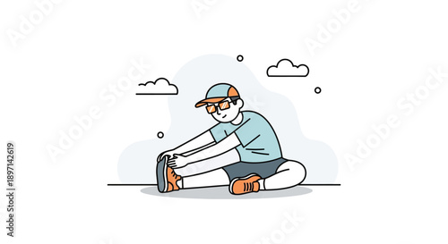 Casual outdoor activity illustration of a young man stretching and adjusting his footwear while sitting on the ground under a
