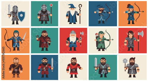 Pixel Art Fantasy Characters with Various Weapons.