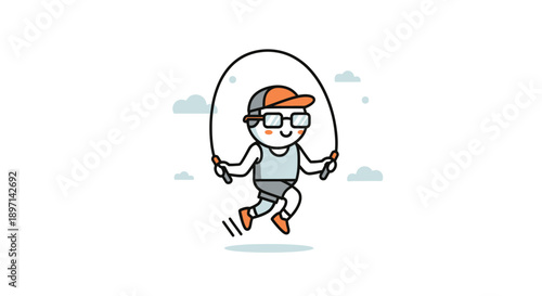 Playful young boy happily jumping rope outdoors on a clear day with scattered clouds