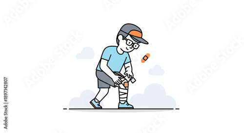 Young boy dressing his leg with a cast in a playful outdoor scene emphasizing childhood resilience and healing