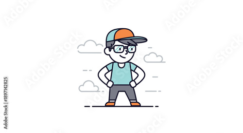 Casual young boy with glasses and cap standing confidently outdoors under a sky with clouds in a minimalist cartoon style