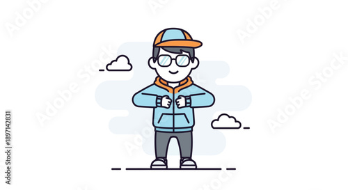 Youthful individual wearing glasses and a colorful cap with a casual hoodie smile peacefully outdoors in a minimalistic cartoon