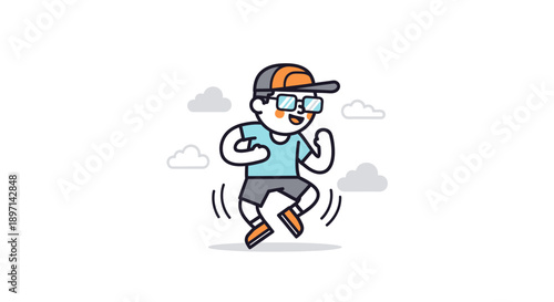 Young boy wearing sunglasses and cap joyfully jumping in the air on a cloudy day engaging in outdoor activity for fun and