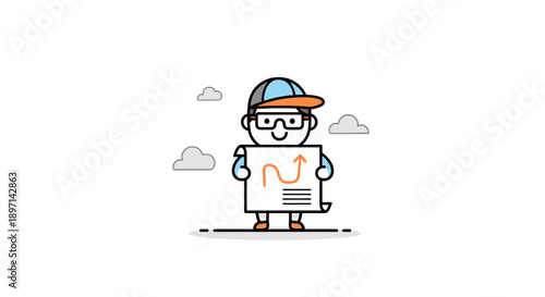 Cute cartoon boy with glasses and cap holding a map, symbolizing navigation and exploration for young travelers and adventurers