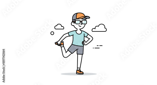 Colorful summer illustration of a playful boy balancing on one foot outdoors with sunglasses and a cap under a blue sky with