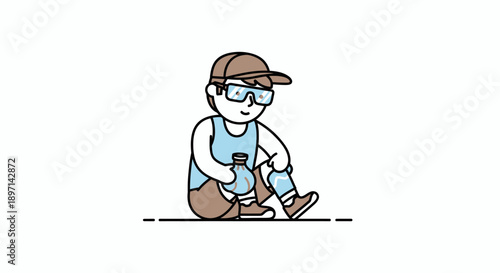 Child Exploring Nature with Water Bottle and Sun Protection in Casual Outdoor Attire