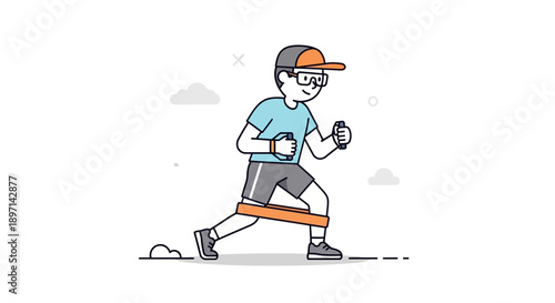 Young man jogging outdoors with headphones and casual sportswear in a bright, minimalistic environment capturing active