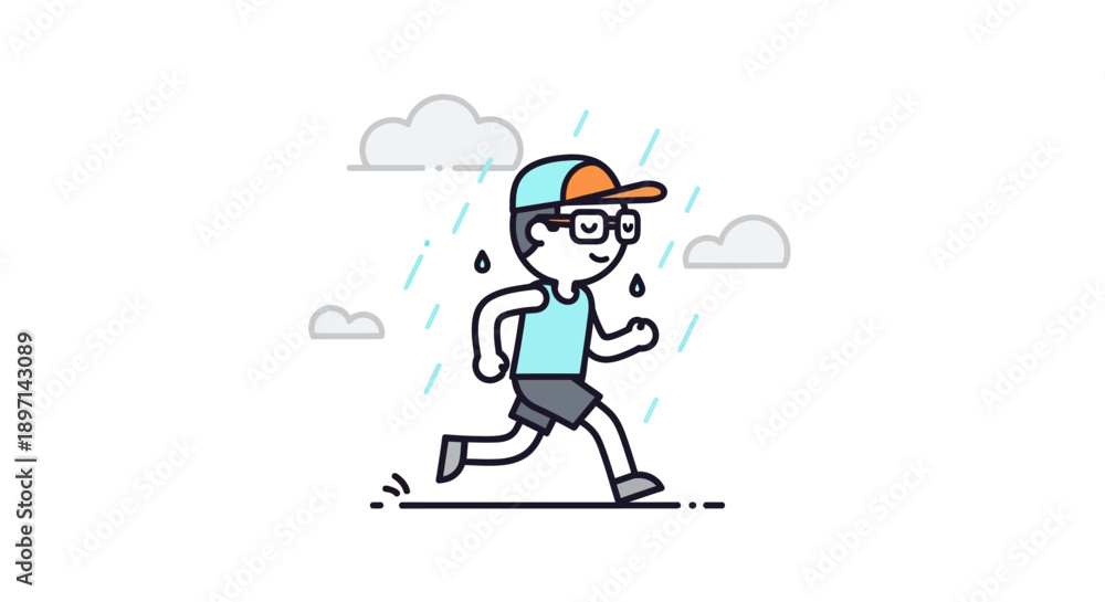 Fototapeta premium illustration of a young person running in the rain wearing casual sportswear and a baseball cap on a cloudy day with simple