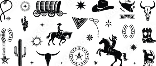 Wild West cowboy silhouettes, horse riding, cactus, sheriff badge, wagon, boots, skulls, lasso, western icons, vintage vector illustration