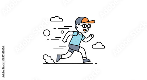 Casual young man running outdoors with energetic motion in a playful cartoon style suitable for active lifestyle themes and