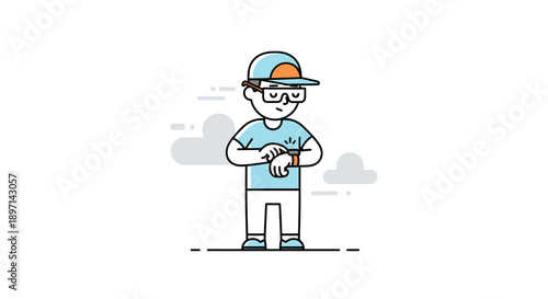 Casual cartoon illustration of a young boy wearing a cap and glasses checking his wristwatch with clouds in the background