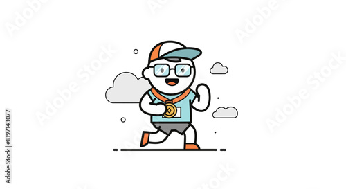 Cartoon Runner with Glasses and Cap Enjoying a Casual Jog in a Minimalist Outdoor Setting