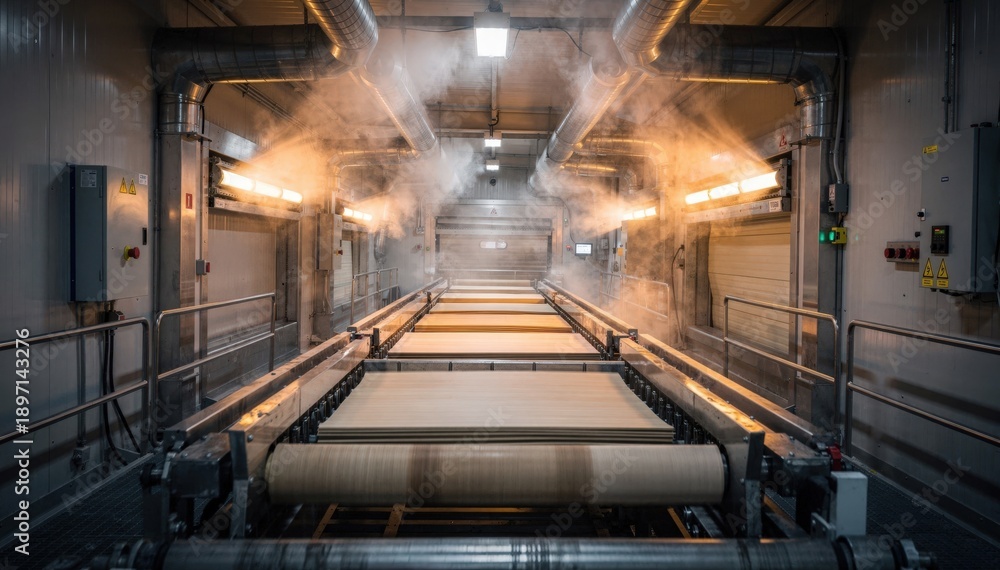 Fototapeta premium Medium shot inside a veneer dryer tunnel featuring a multizone conveyor with moving sheets and active exhaust vents releasing heated air into the workspace.