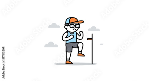 Young boy demonstrating physical exercise with step-up and coordination skills outdoors in a playful cartoon style