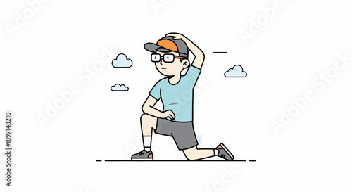 Young man in casual sporty attire performing a stretching exercise outdoors