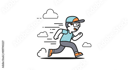 Dynamic and Playful Cartoon Illustration of a Boy Running Quickly Outdoors in Bright Colors with Clouds and Sky Elements
