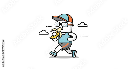 Stylish cartoon illustration of a young man jogging outdoors while eating a banana wearing sunglasses and a cap in a