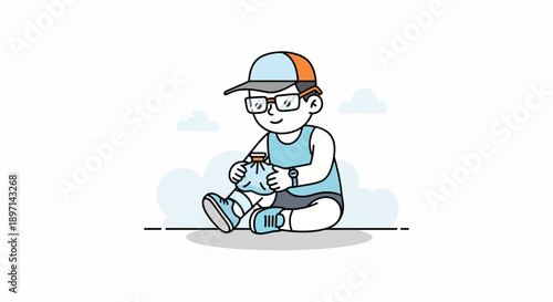 Young boy sitting outdoors wearing a cap and glasses while examining a handheld device engaging in leisure activity on a sunny day