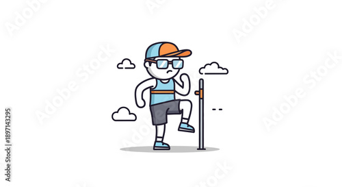 Playful cartoon boy wearing sunglasses and cap enjoying outdoor activity on a sunny day with clouds