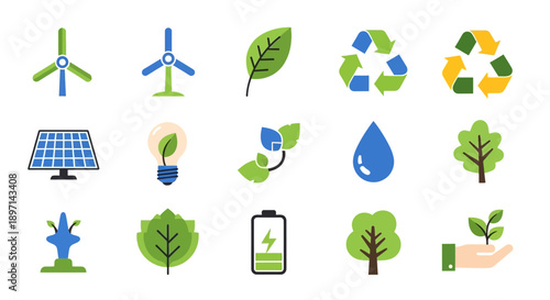 Eco-friendly icons representing renewable energy and sustainability.