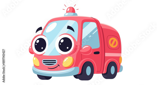 Cartoon fire engine with smiling face and flashing lights.