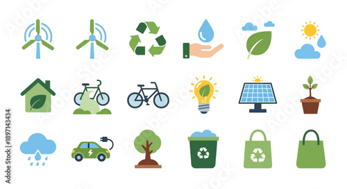 Eco-friendly icons representing sustainable living and green energy.