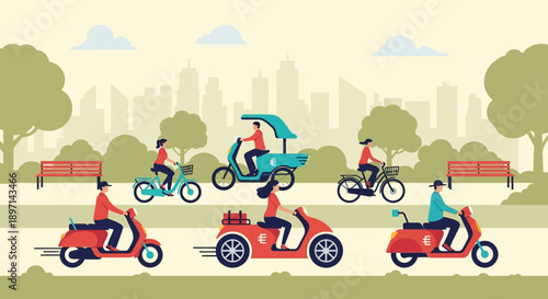 People riding bicycles and motor scooters in a park.