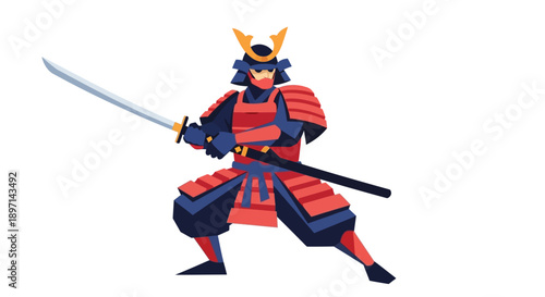 Illustration of a samurai warrior in traditional red armor holding a sword.