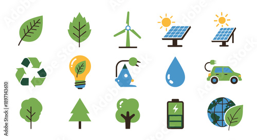 Sustainable living icons featuring eco-friendly elements and renewable energy sources.